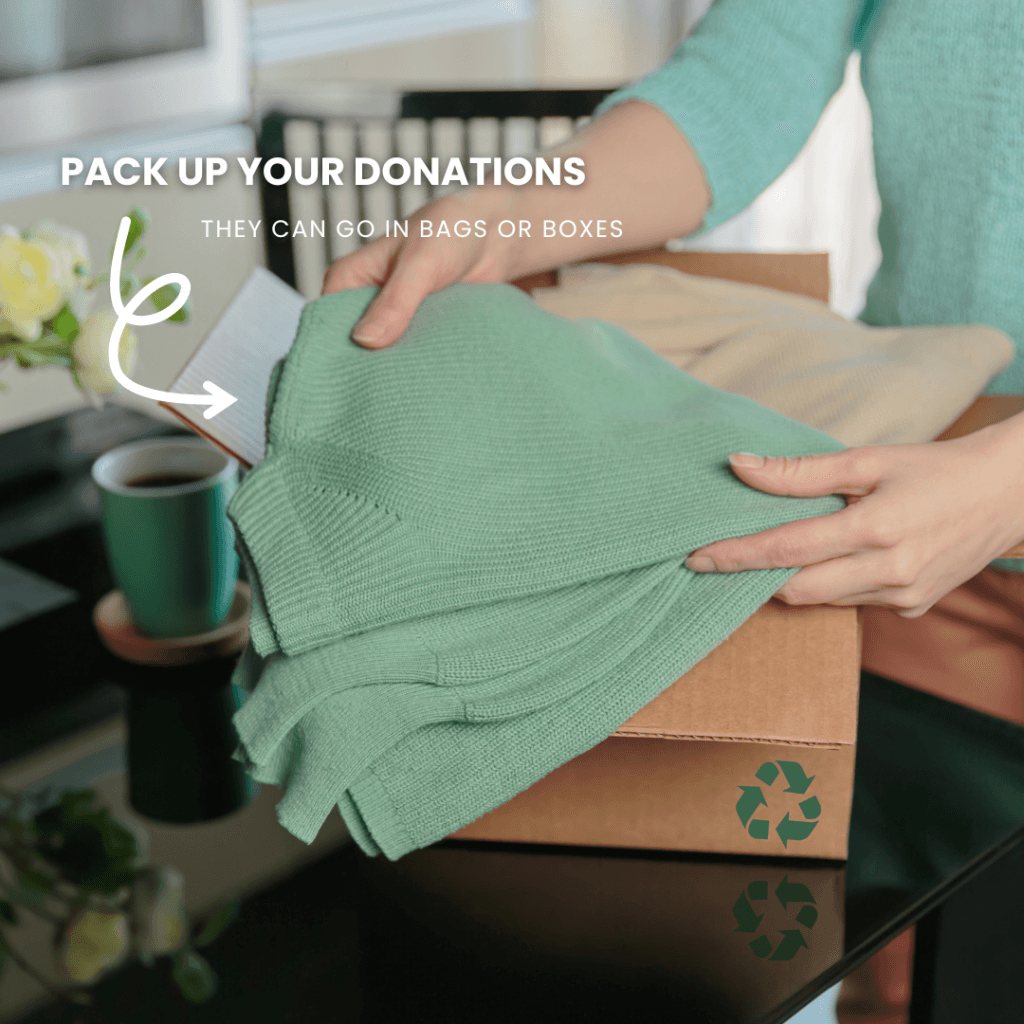 Customer packing donations into a cardboard box