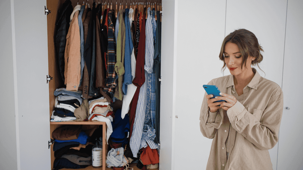 Woman standing by wardrobe booking a collection on her phone.