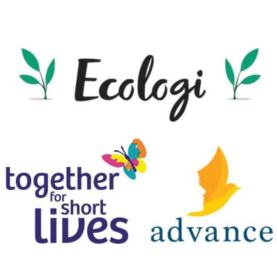 Charity logos, Ecologi, Together for short lives and Advance.