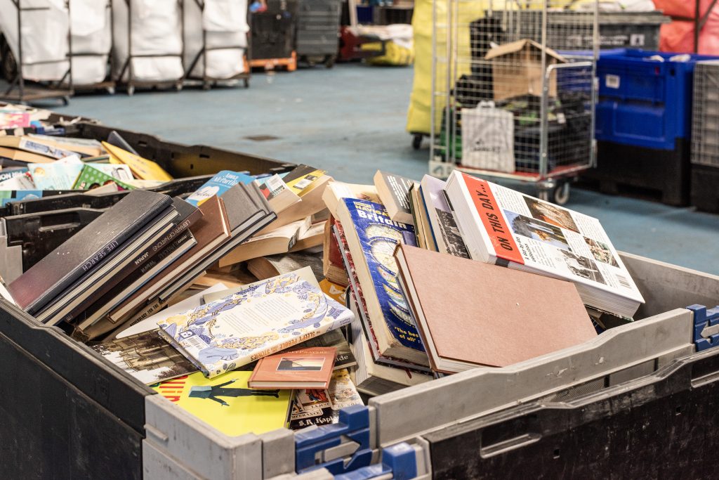 Crate of books that have been categorised